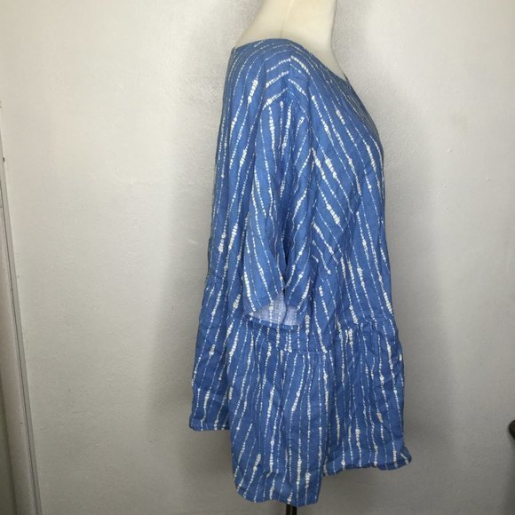 Denim & Co. Naturals Printed Linen Blend Peplum Blouse Plus Size 2X Blue/White - Picture 5 of 11